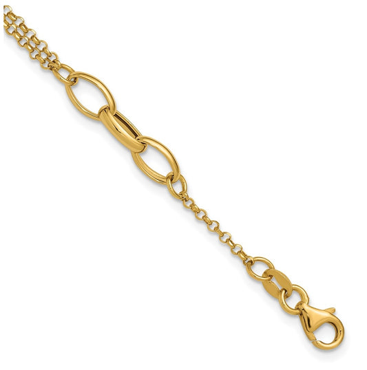 14k Yellow Gold Polished Fancy 2-Strand Oval Links w/1in ext. Bracelet