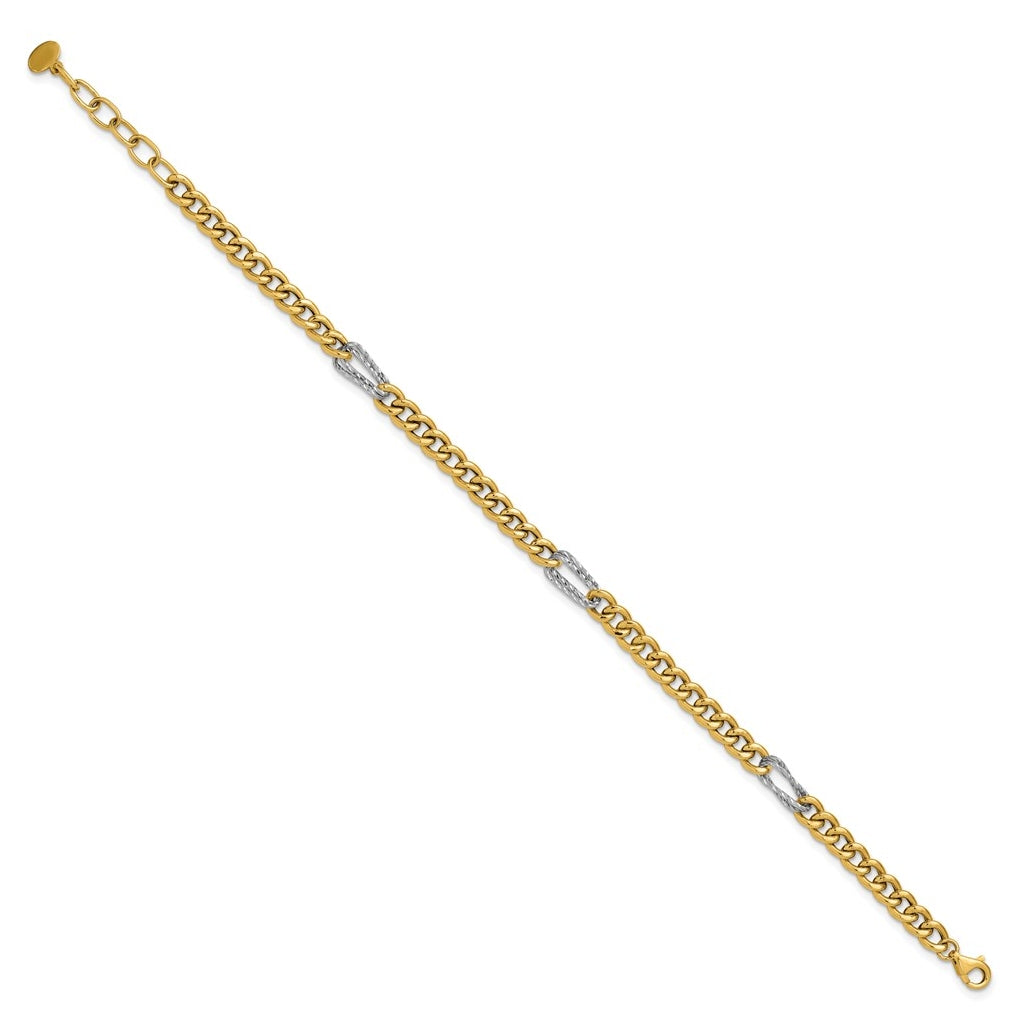 14K Two-tone Polished / DC Fancy Link w/1in ext. Bracelet