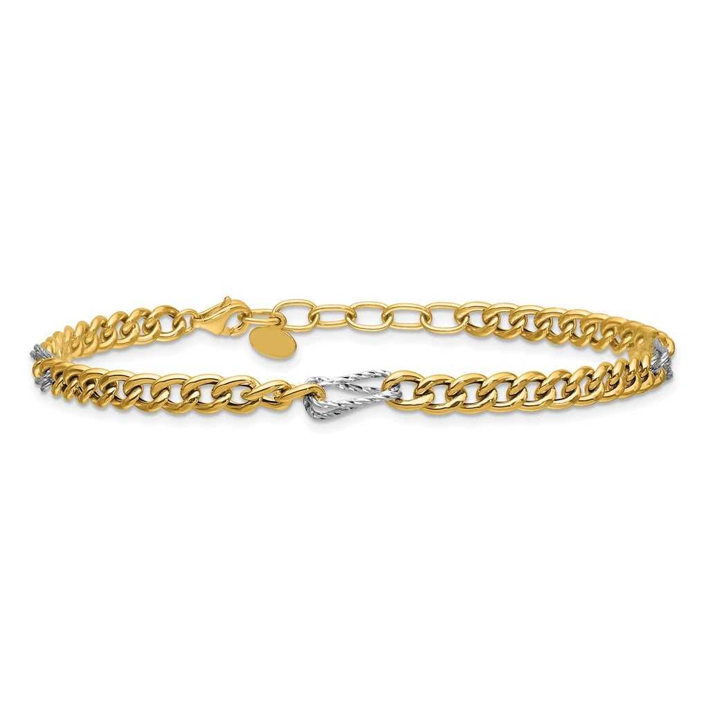 14K Two-tone Polished / DC Fancy Link w/1in ext. Bracelet