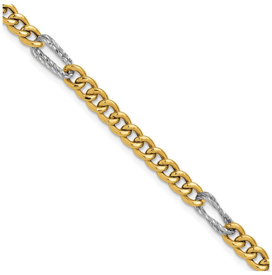 14K Two-tone Polished / DC Fancy Link w/1in ext. Bracelet