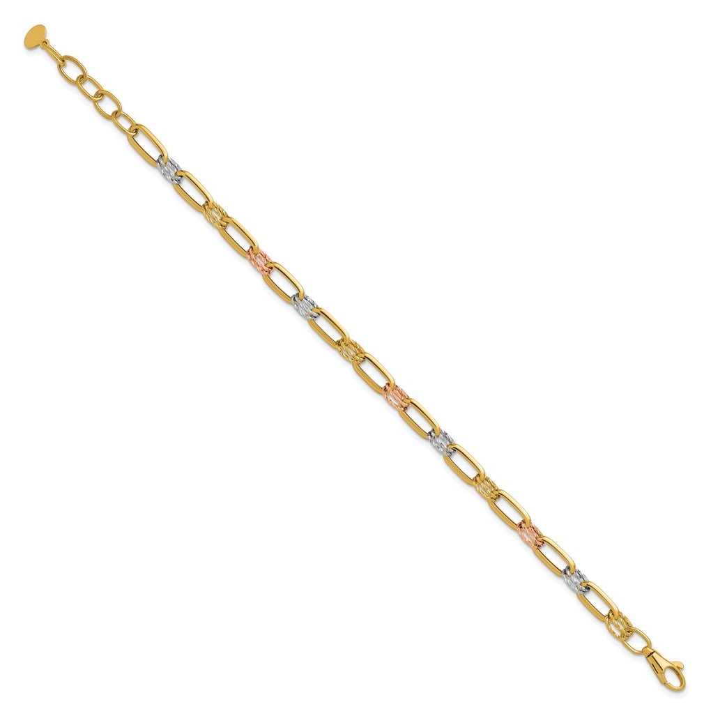 14K Tri-color Polished / DC Fancy Link w/1in ext. Bracelet