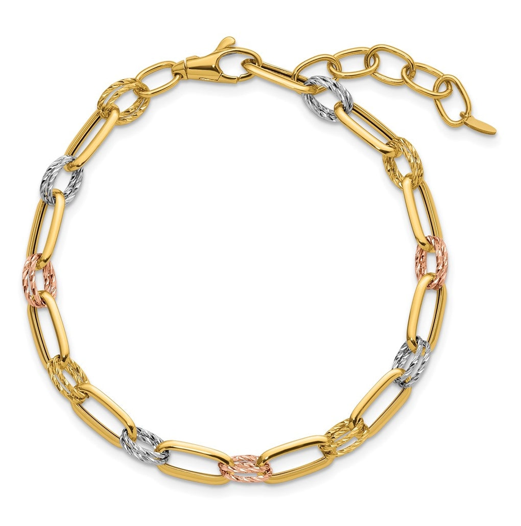 14K Tri-color Polished / DC Fancy Link w/1in ext. Bracelet