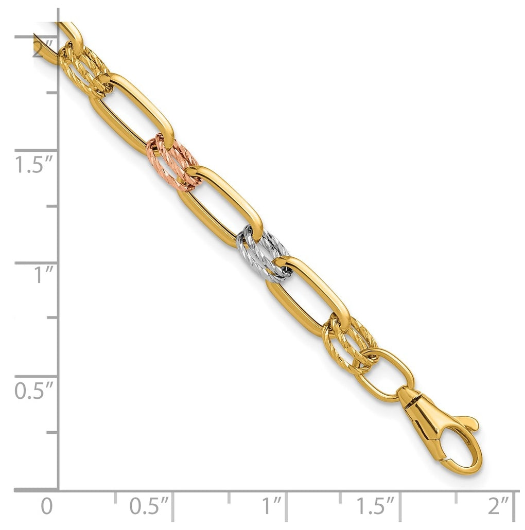 14K Tri-color Polished / DC Fancy Link w/1in ext. Bracelet