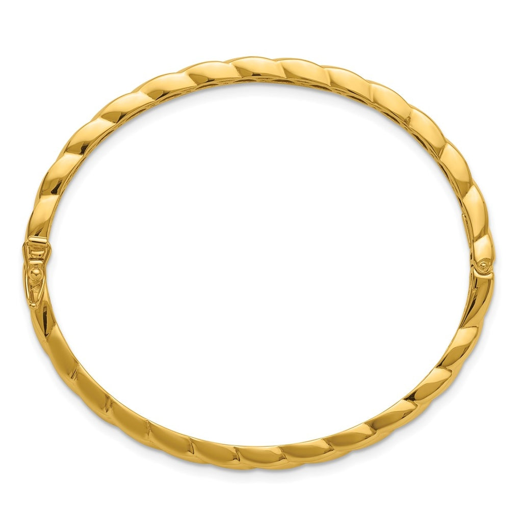 14k Yellow Gold Polished Grooved Hinged Bangle