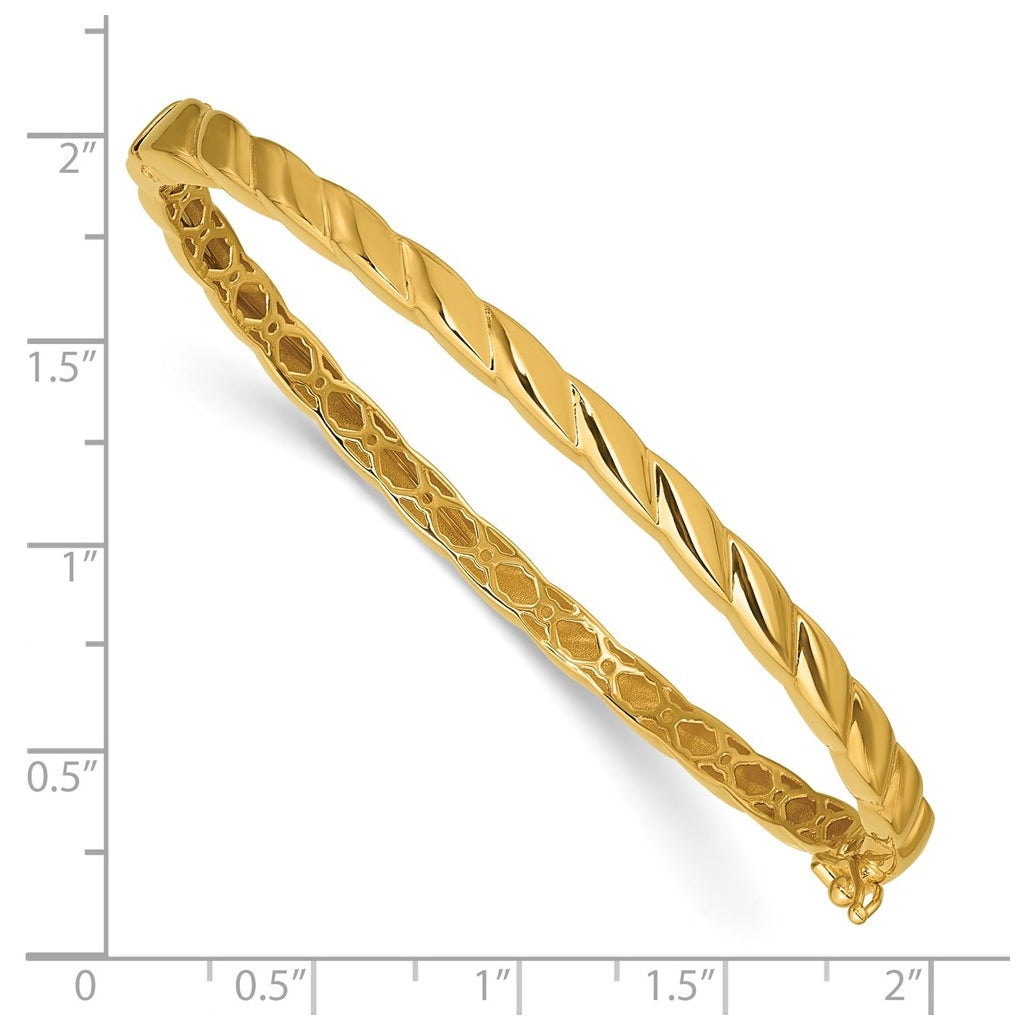 14k Yellow Gold Polished Grooved Hinged Bangle