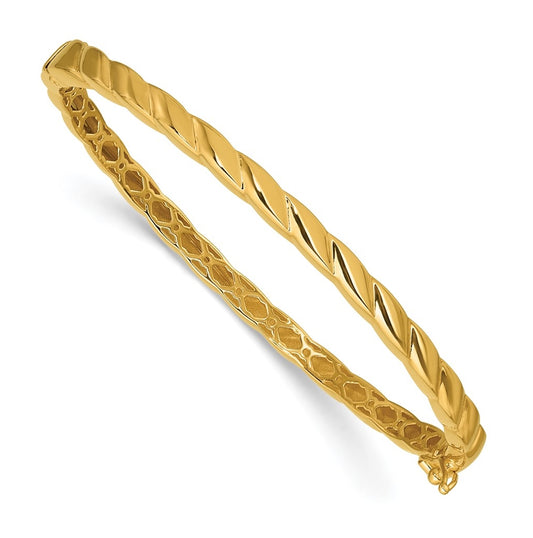 14k Yellow Gold Polished Grooved Hinged Bangle