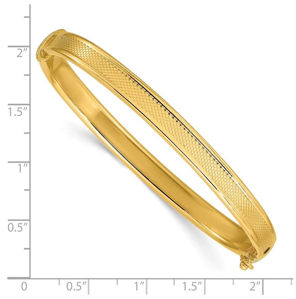 14k Yellow Gold Polished and Textured Hinged Bangle