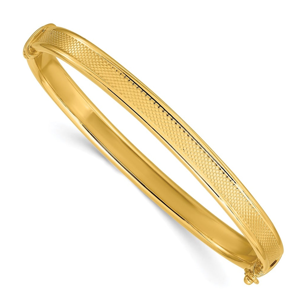 14k Yellow Gold Polished and Textured Hinged Bangle