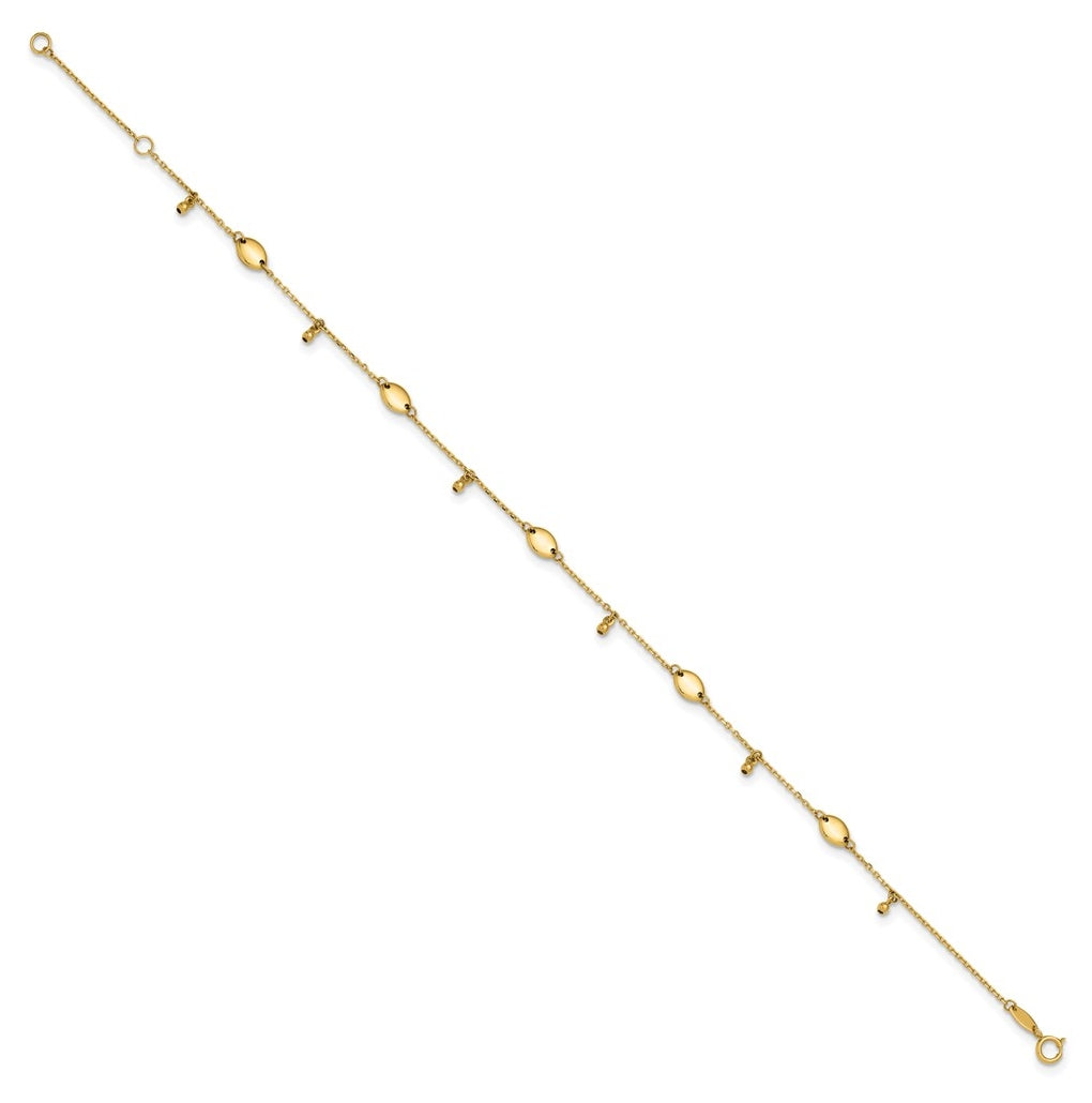 14K Oval and Bead Dangle 9 inch Plus 1 inch Extender - Total 10 inch Anklet