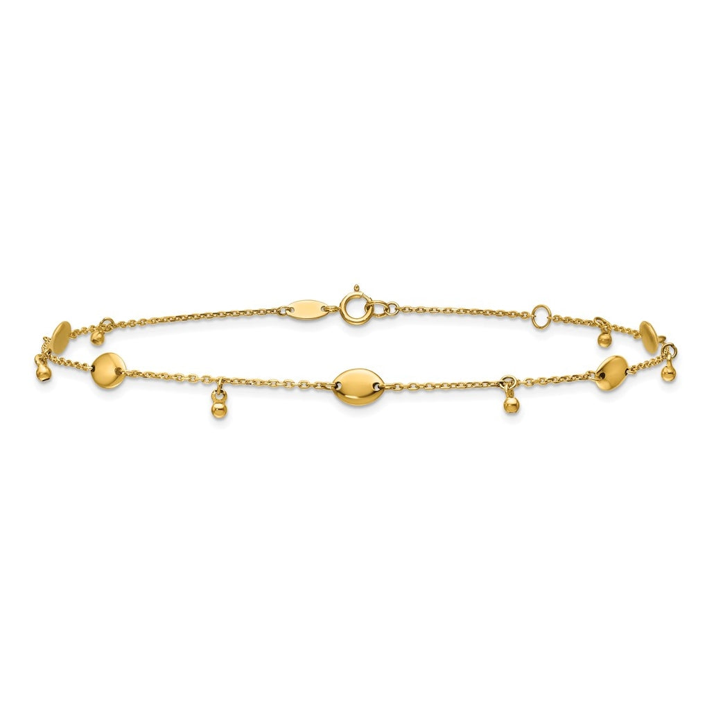 14K Oval and Bead Dangle 9 inch Plus 1 inch Extender - Total 10 inch Anklet