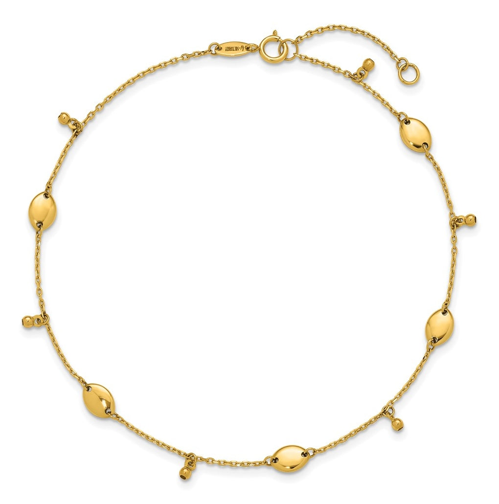 14K Oval and Bead Dangle 9 inch Plus 1 inch Extender - Total 10 inch Anklet
