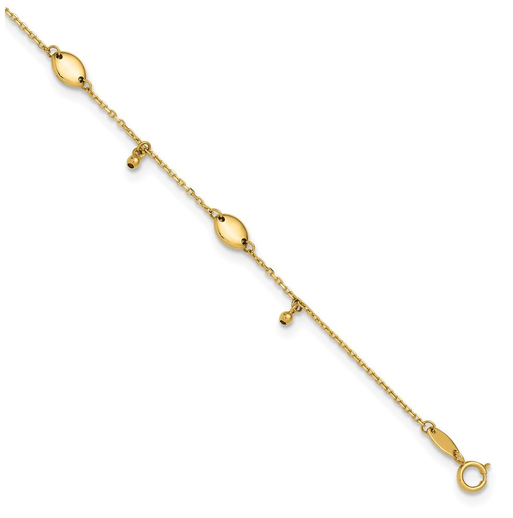 14K Oval and Bead Dangle 9 inch Plus 1 inch Extender - Total 10 inch Anklet