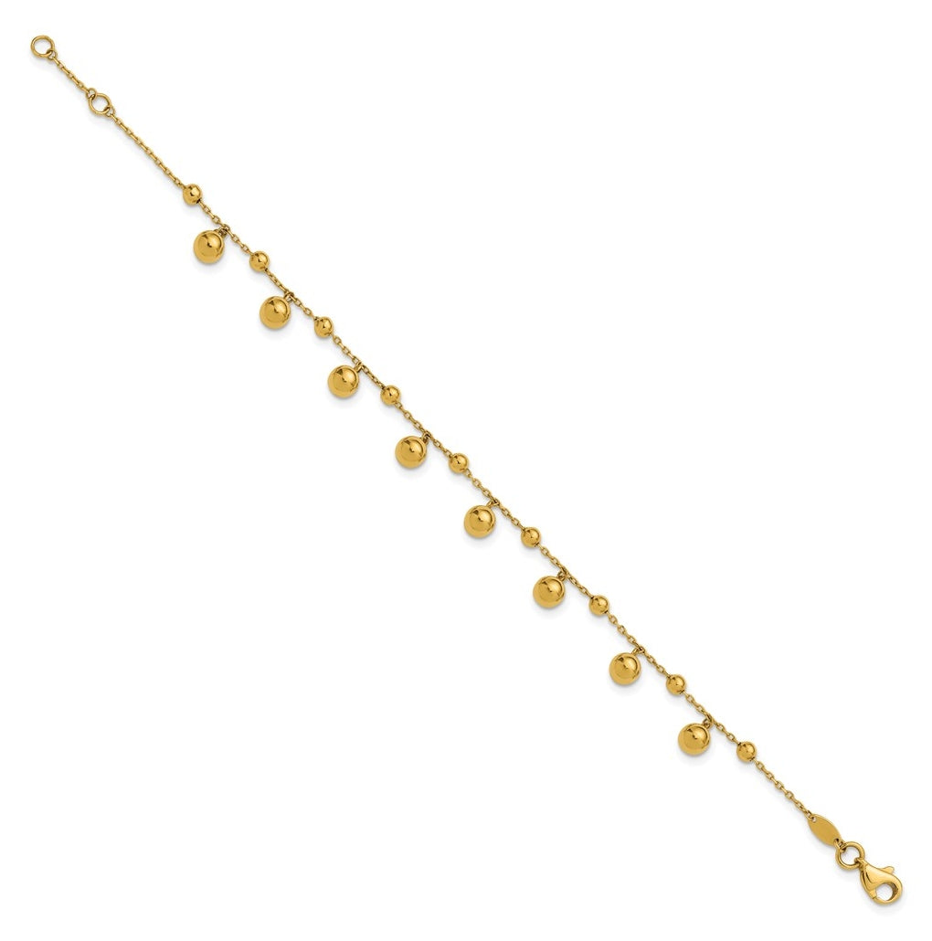 14k Yellow Gold Polished Dangle Beaded with .5in ext. Bracelet