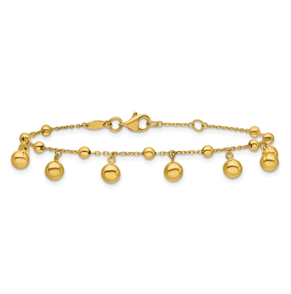 14k Yellow Gold Polished Dangle Beaded with .5in ext. Bracelet