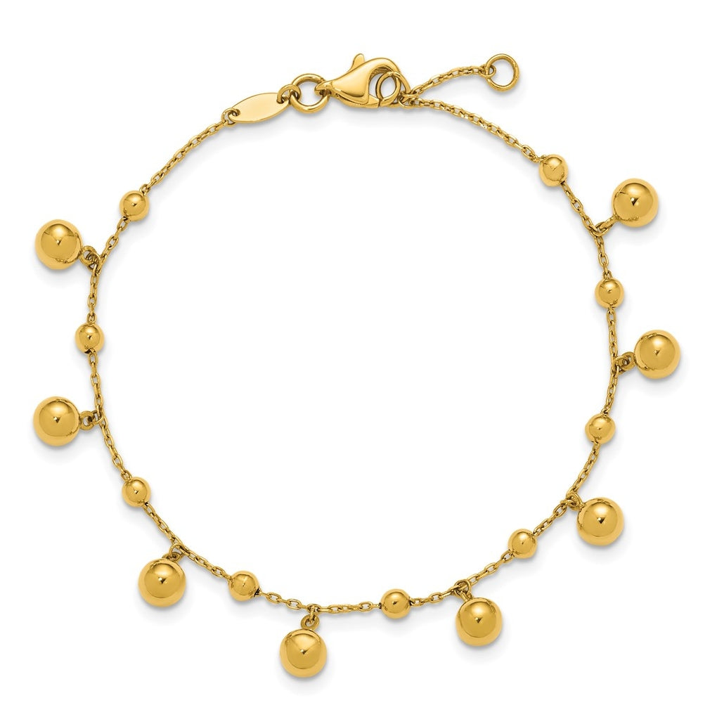 14k Yellow Gold Polished Dangle Beaded with .5in ext. Bracelet
