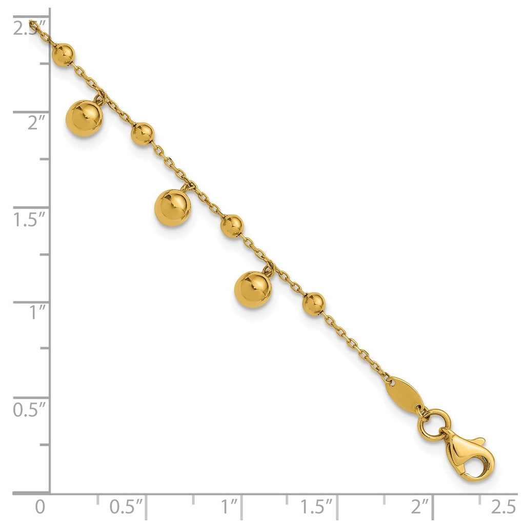 14k Yellow Gold Polished Dangle Beaded with .5in ext. Bracelet