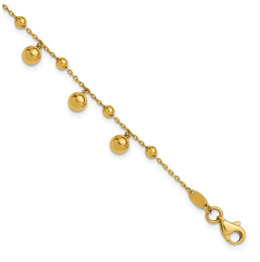 14k Yellow Gold Polished Dangle Beaded with .5in ext. Bracelet