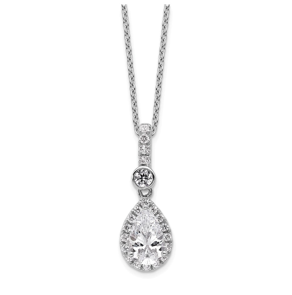 14k White Gold 1 carat Lab Grown Diamond VS+ F+ Pear Complete 18 inch Halo Pendant Necklace