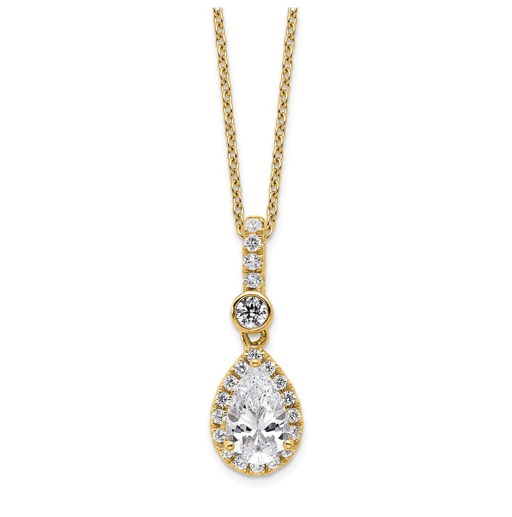 14k Yellow Gold 1 carat Lab Grown Diamond VS/SI+ G+ Pear Complete 18 inch Halo Pendant Necklace