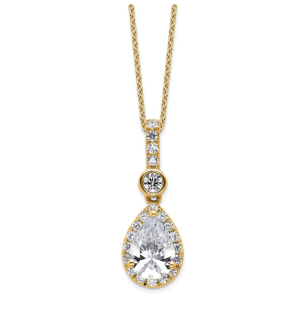 14k Yellow Gold 2 carat Lab Grown Diamond VS+ F+ Pear Complete 18 inch Halo Pendant Necklace