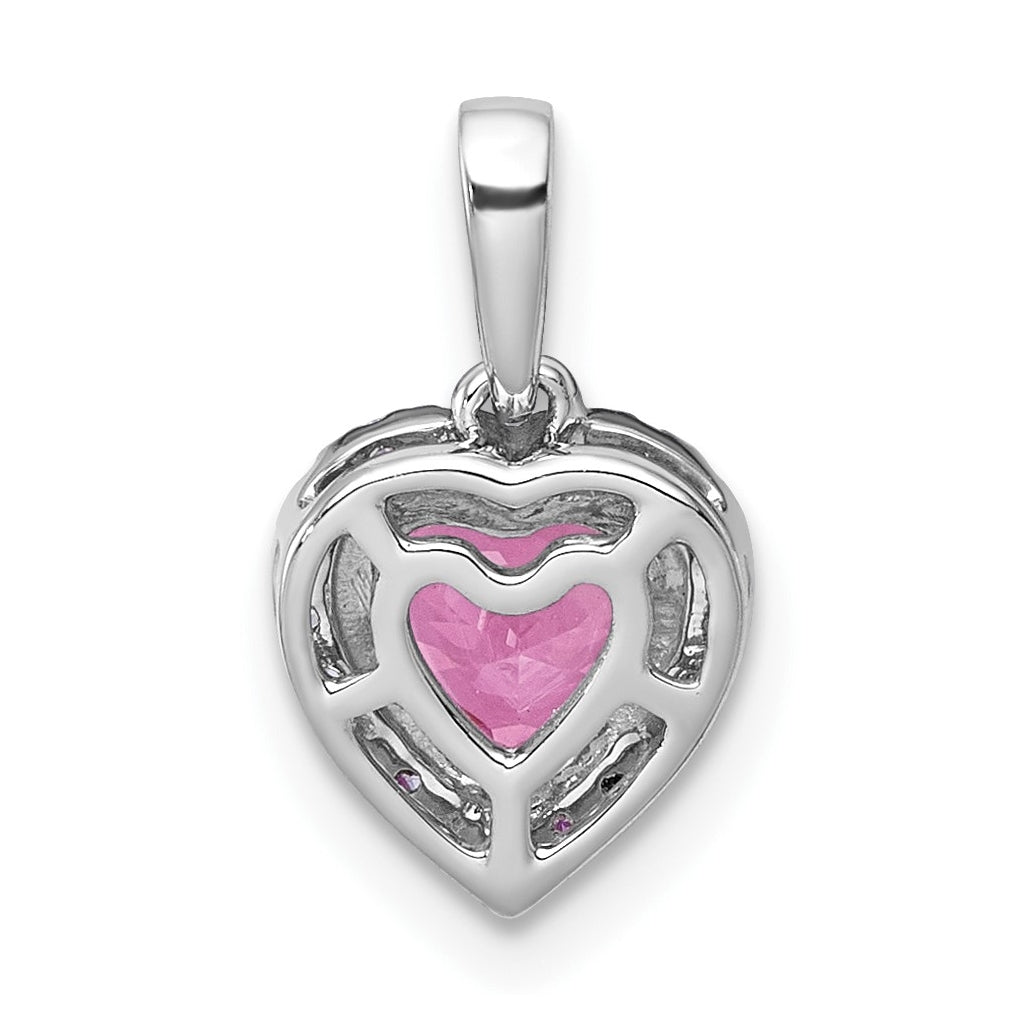 14k White Gold 1/10 carat Lab Grown Diamond VS+ F+ and Genuine Pink Sapphire Complete Halo Heart Pendant