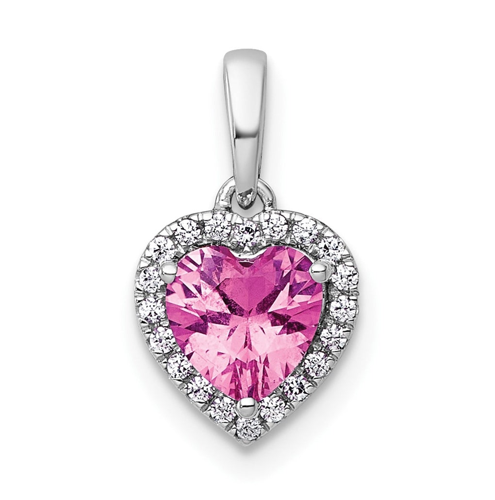 14k White Gold 1/10 carat Lab Grown Diamond VS+ F+ and Genuine Pink Sapphire Complete Halo Heart Pendant