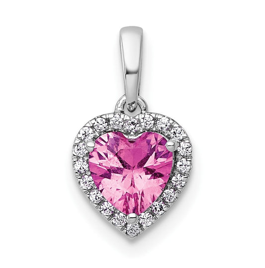 14k White Gold 1/10 carat Lab Grown Diamond VS+ F+ and Genuine Pink Sapphire Complete Halo Heart Pendant