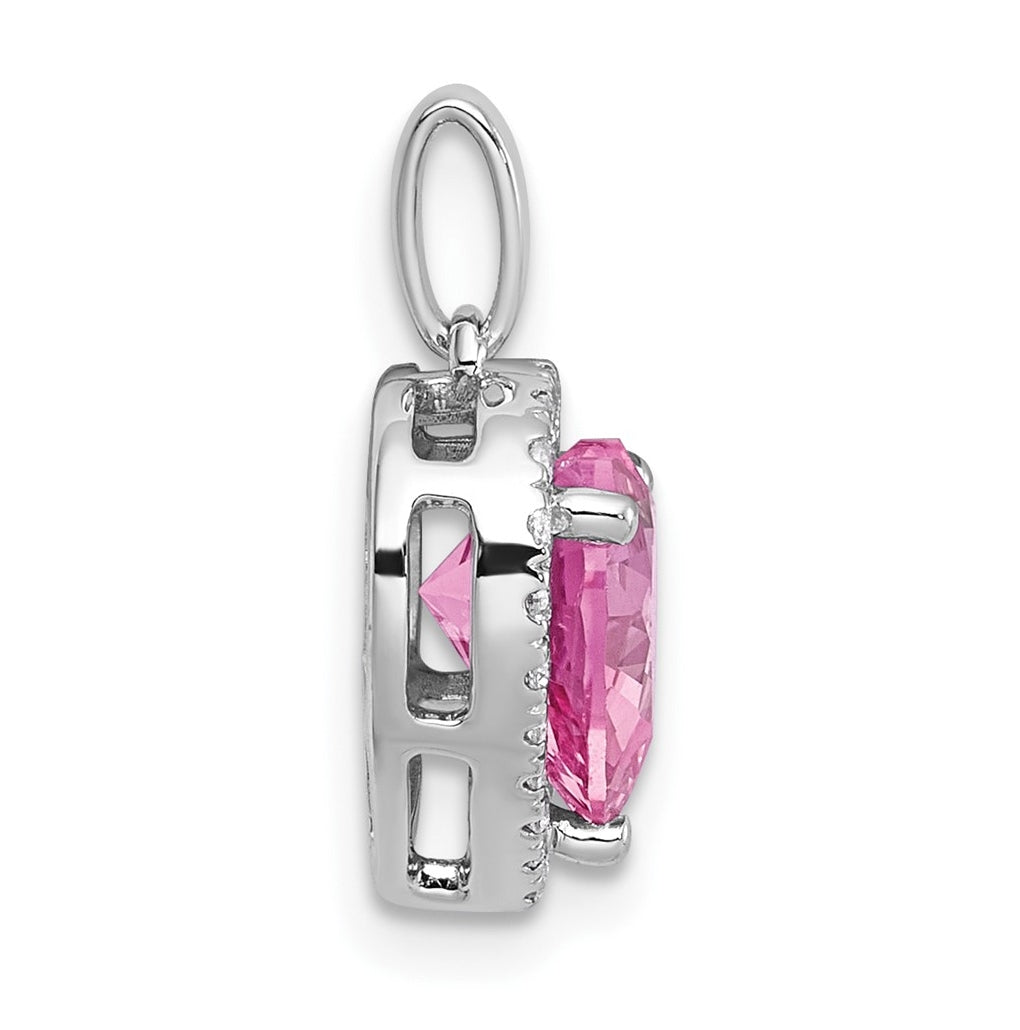 14k White Gold 1/6 carat Lab Grown Diamond VS+ F+ and Genuine Pink Sapphire Complete Halo Heart Pendant