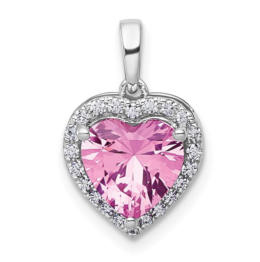 14k White Gold 1/6 carat Lab Grown Diamond VS+ F+ and Genuine Pink Sapphire Complete Halo Heart Pendant