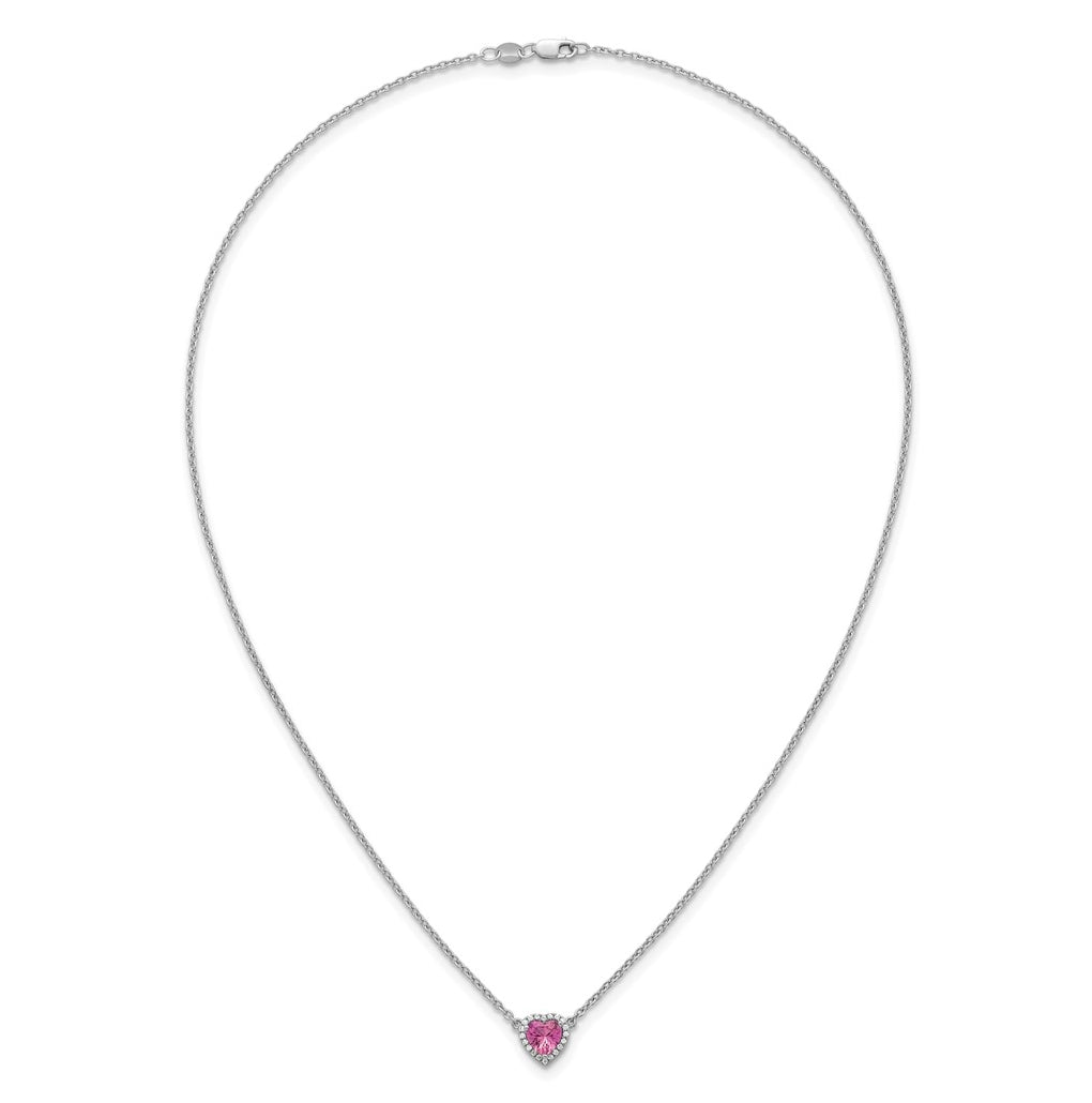 14K White Gold 1/10 carat Lab Grown Diamond VS+ F+ and Genuine Pink Sapphire Complete 18 inch Heart Necklace