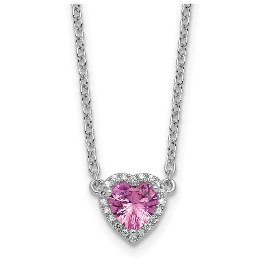 14K White Gold 1/10 carat Lab Grown Diamond VS+ F+ and Genuine Pink Sapphire Complete 18 inch Heart Necklace