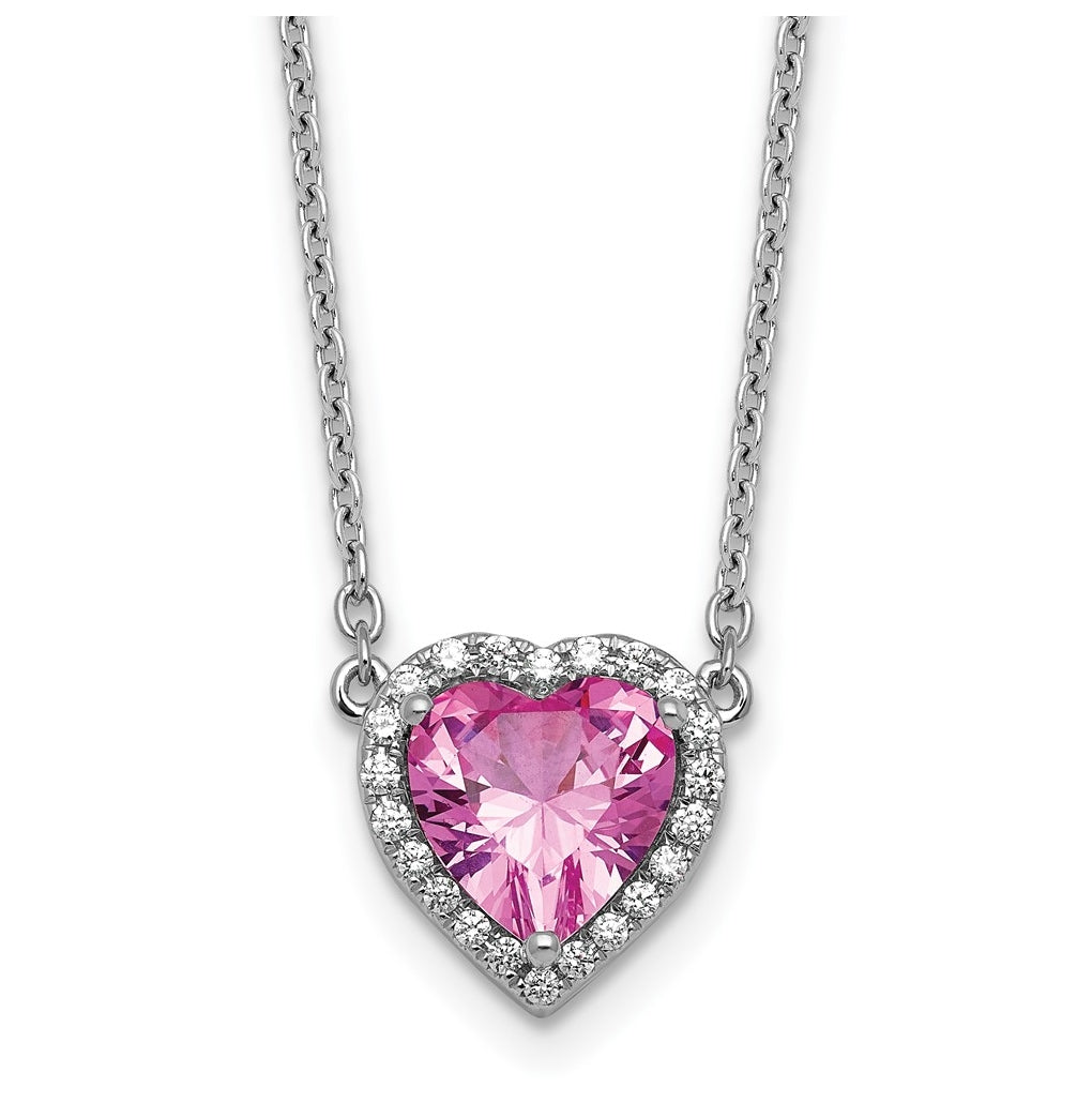 14K White Gold 1/6 carat Lab Grown Diamond VS+ F+ and Genuine Pink Sapphire Complete 18 inch Heart Necklace