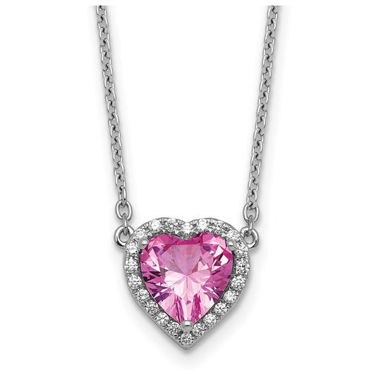 14K White Gold 1/6 carat Lab Grown Diamond VS+ F+ and Genuine Pink Sapphire Complete 18 inch Heart Necklace