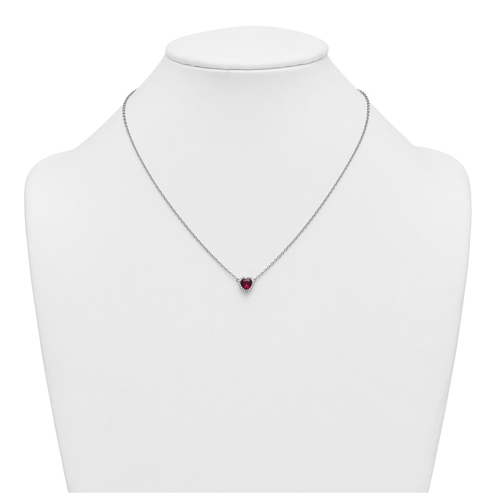 14K White Gold 1/10 carat Lab Grown Diamond VS+ F+ and Genuine Ruby Complete 18 inch Heart Necklace
