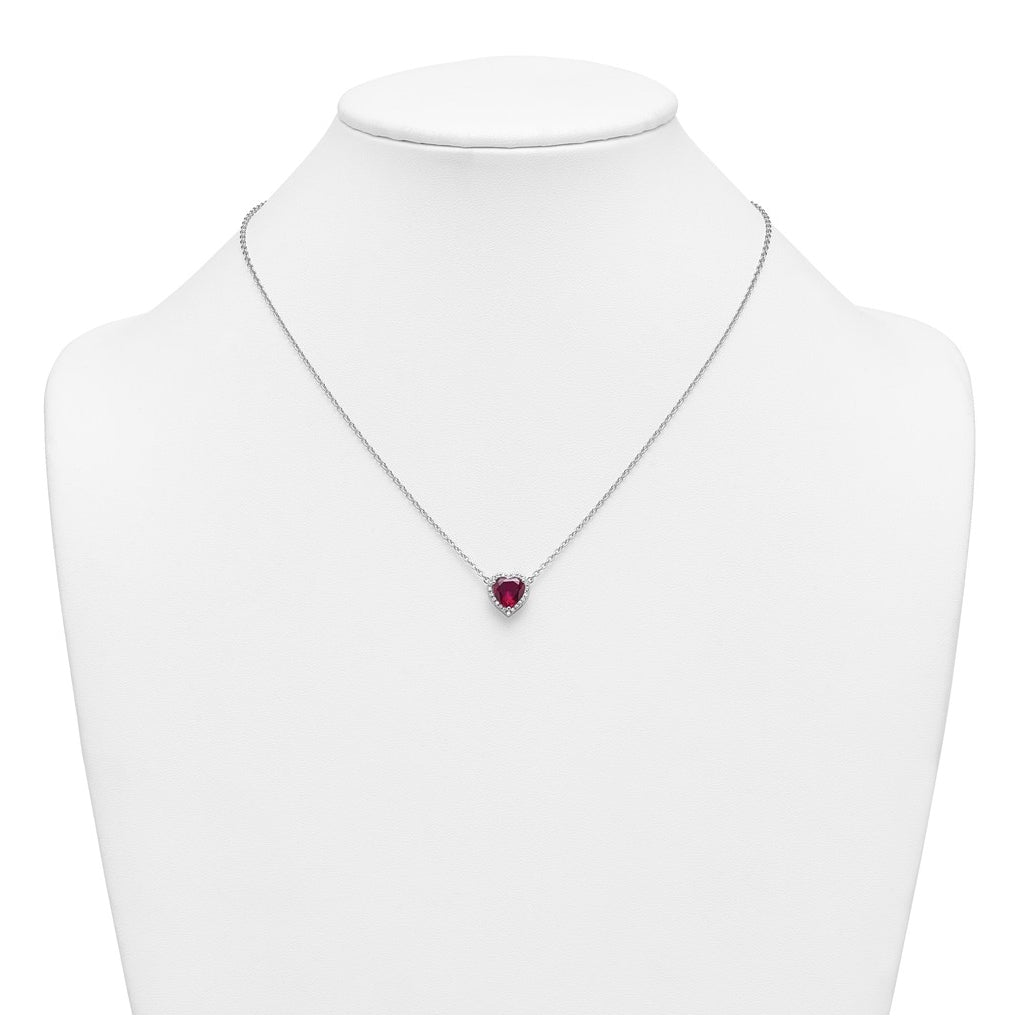 14K White Gold 1/6 carat Lab Grown Diamond VS+ F+ and Genuine Ruby Complete 18 inch Heart Necklace