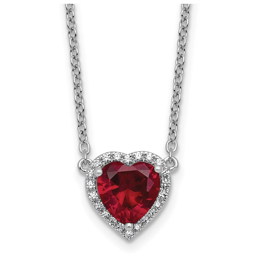14K White Gold 1/6 carat Lab Grown Diamond VS+ F+ and Genuine Ruby Complete 18 inch Heart Necklace