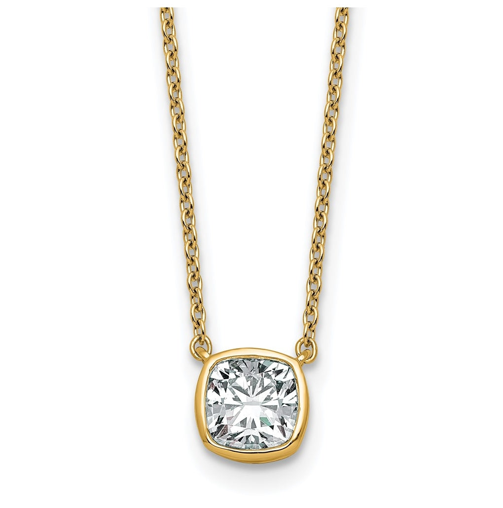 14k Yellow Gold 1 carat Certified Lab Grown Diamond VS+ F+ Cushion Complete 18 inch Bezel Set Necklace