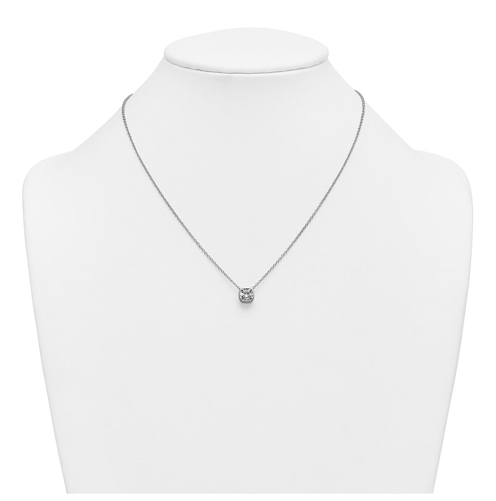 14k White Gold 1 1/2 carat Certified Lab Grown Diamond VS+ F+ Cushion Complete 18 inch Bezel Set Necklace