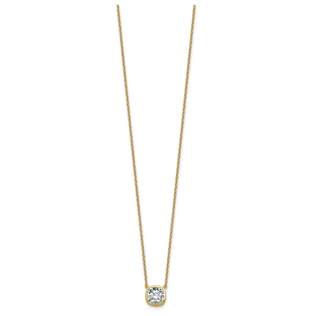 14k Yellow Gold 1 1/2 carat Certified Lab Grown Diamond VS+ F+ Cushion Complete 18 inch Bezel Set Necklace