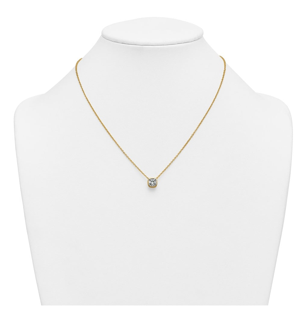 14k Yellow Gold 1 1/2 carat Certified Lab Grown Diamond VS+ F+ Cushion Complete 18 inch Bezel Set Necklace