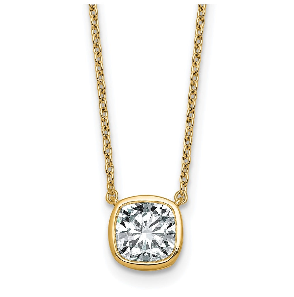 14k Yellow Gold 1 1/2 carat Certified Lab Grown Diamond VS+ F+ Cushion Complete 18 inch Bezel Set Necklace