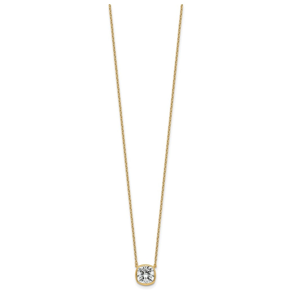 14k Yellow Gold 2 carat Certified Lab Grown Diamond VS+ F+ Cushion Complete 18 inch Bezel Set Necklace
