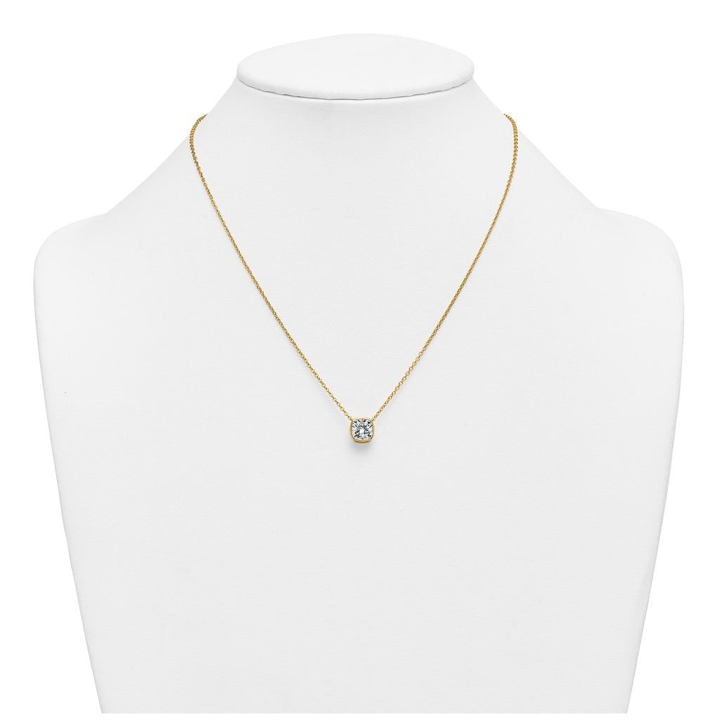 14k Yellow Gold 2 carat Certified Lab Grown Diamond VS+ F+ Cushion Complete 18 inch Bezel Set Necklace