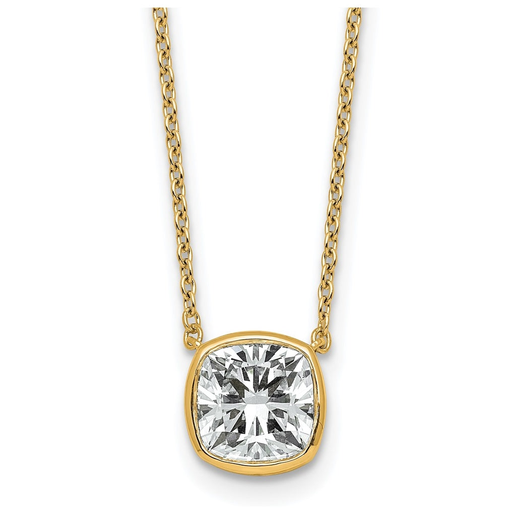 14k Yellow Gold 2 carat Certified Lab Grown Diamond VS+ F+ Cushion Complete 18 inch Bezel Set Necklace