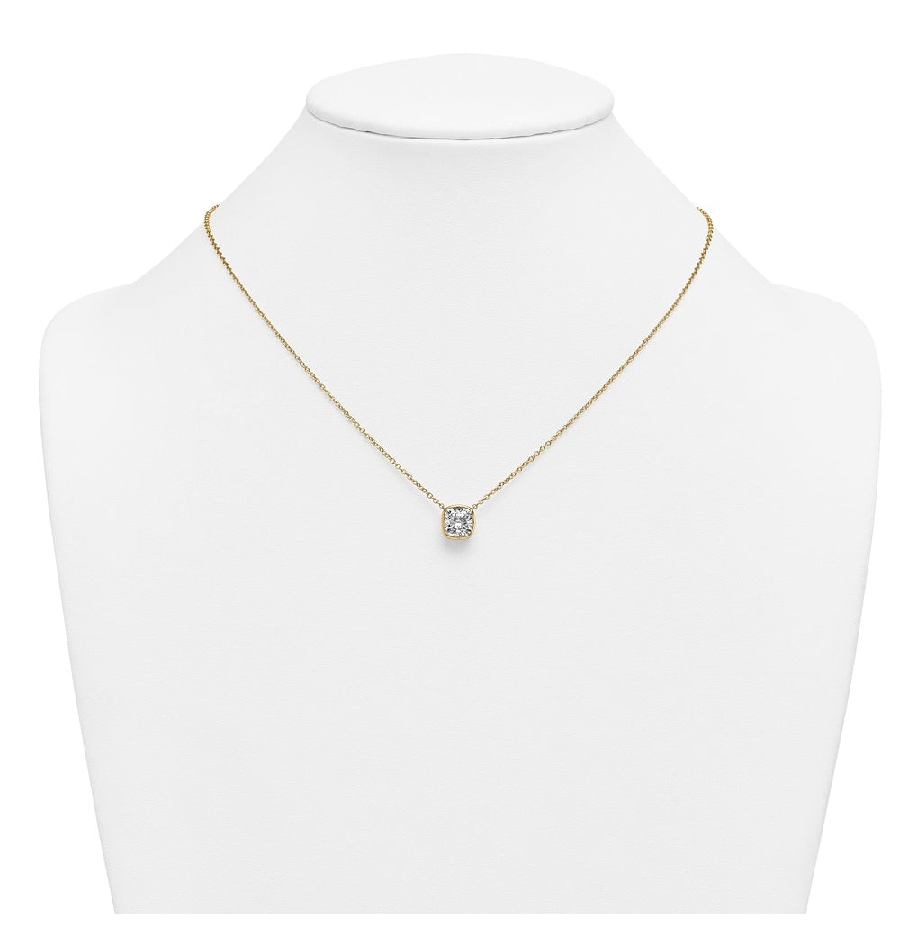 14k Yellow Gold 2 1/2 carat Certified Lab Grown Diamond VS+ F+ Cushion Complete 18 inch Bezel Set Necklace