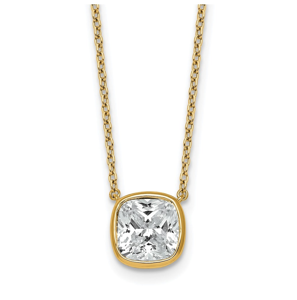 14k Yellow Gold 2 1/2 carat Certified Lab Grown Diamond VS+ F+ Cushion Complete 18 inch Bezel Set Necklace