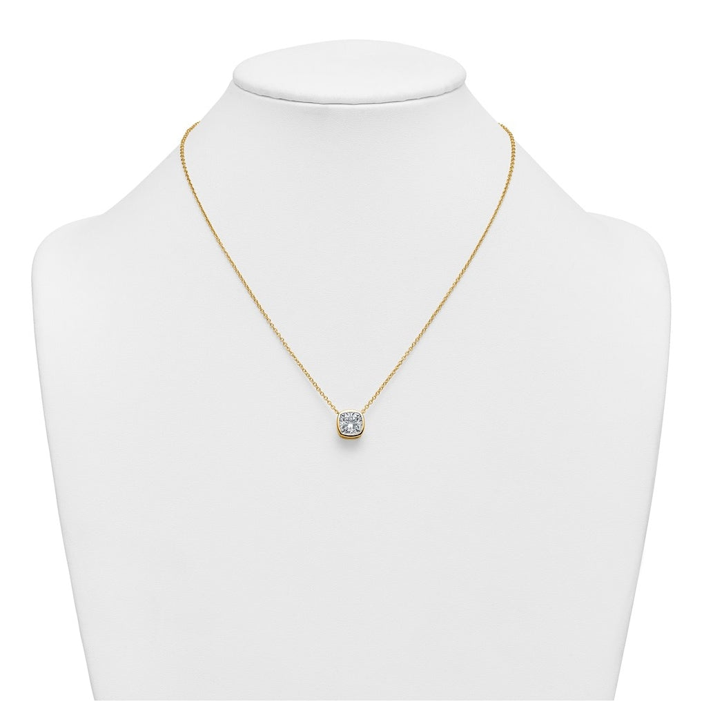 14k Yellow Gold 3 carat Certified Lab Grown Diamond VS+ F+ Cushion Complete 18 inch Bezel Set Necklace