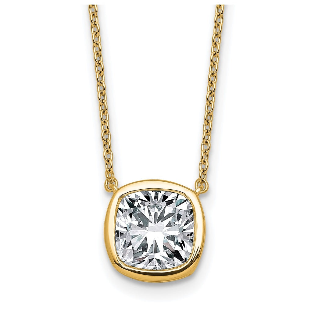 14k Yellow Gold 3 carat Certified Lab Grown Diamond VS+ F+ Cushion Complete 18 inch Bezel Set Necklace