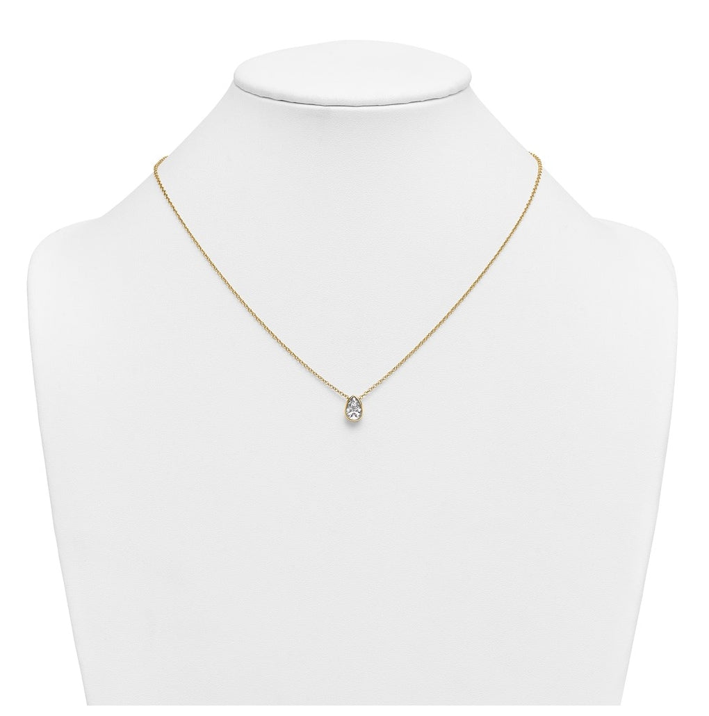 14k Yellow Gold 1 carat Certified Lab Grown Diamond VS+ F+ Pear Complete 18 inch Bezel Set Solitaire Necklace