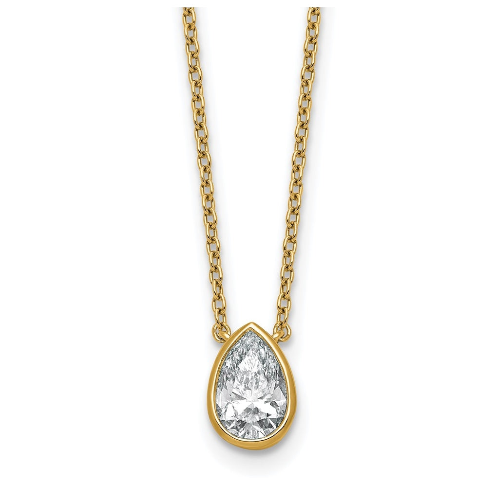 14k Yellow Gold 1 carat Certified Lab Grown Diamond VS+ F+ Pear Complete 18 inch Bezel Set Solitaire Necklace